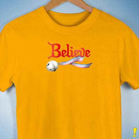 Believe Bigender Pride Flag Jingle Bell Premium Unisex T-Shirt - Gold