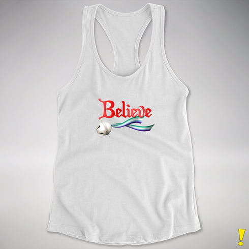 Believe Gay Male Pride Flag Jingle Bell Racerback Tank - White