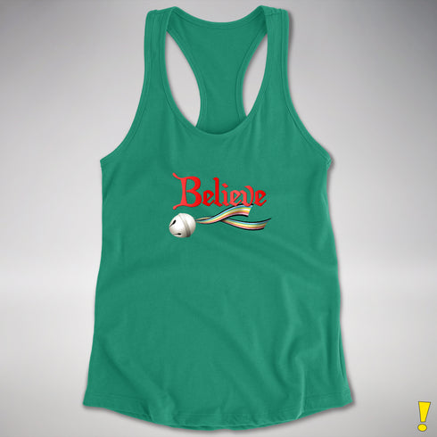 Believe Queer Pride Flag Jingle Bell Racerback Tank - Kelly Green