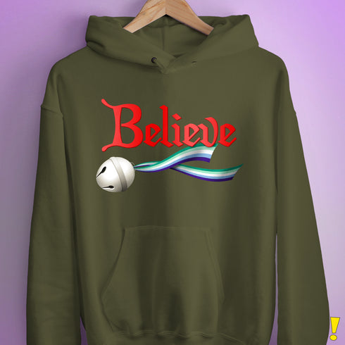 Believe Gay Male Pride Flag Jingle Bell Hoodie - Army