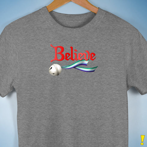 Believe Gay Male Pride Flag Jingle Bell Premium Unisex T-Shirt - Grey Heather
