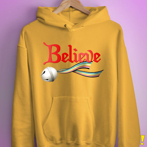 Believe Queer Pride Flag Jingle Bell Hoodie - Mustard