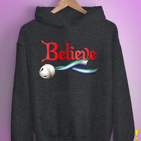 Believe Gay Male Pride Flag Jingle Bell Hoodie - Dark Grey Heather