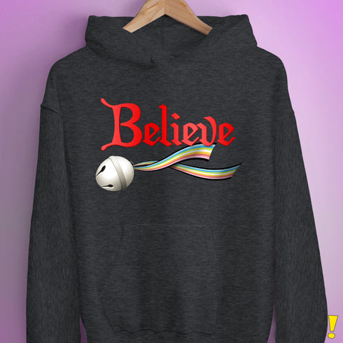 Believe Queer Pride Flag Jingle Bell Hoodie - Dark Grey Heather
