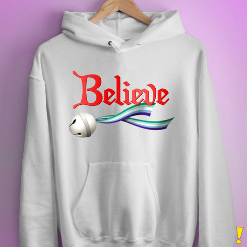 Believe Gay Male Pride Flag Jingle Bell Hoodie - White