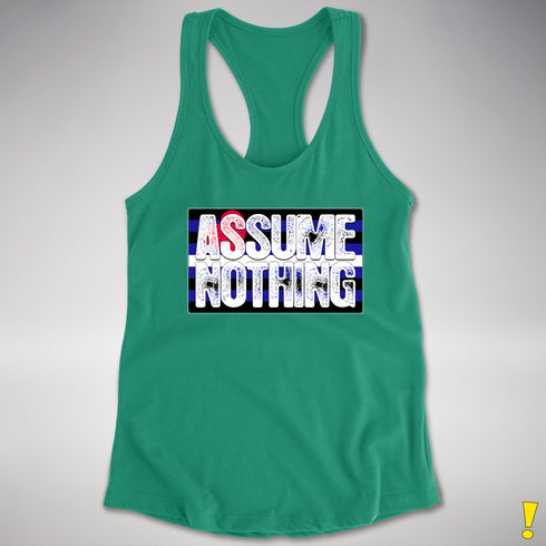 Assume Nothing Leather Pride Flag Racerback Tank