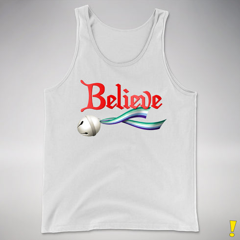 Believe Gay Male Pride Flag Jingle Bell Premium Tank Top - White