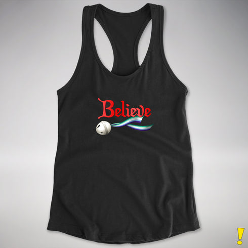 Believe Gay Male Pride Flag Jingle Bell Racerback Tank - Black