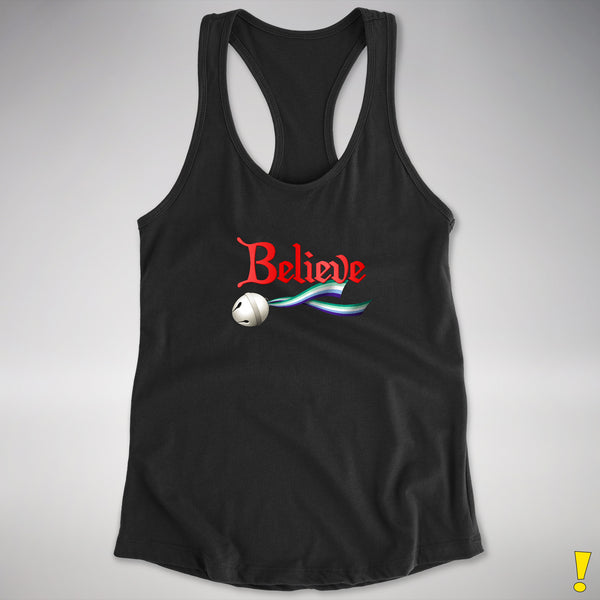 Believe Gay Male Pride Flag Jingle Bell Racerback Tank - Black