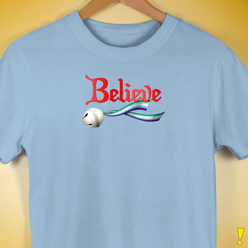 Believe Gay Male Pride Flag Jingle Bell Premium Unisex T-Shirt - Baby Blue