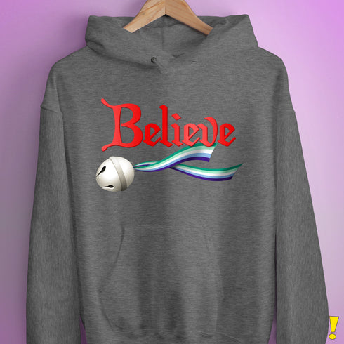Believe Gay Male Pride Flag Jingle Bell Hoodie - Grey Heather