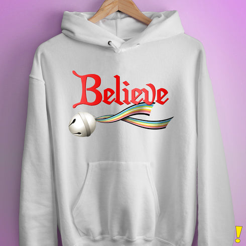 Believe Queer Pride Flag Jingle Bell Hoodie - White