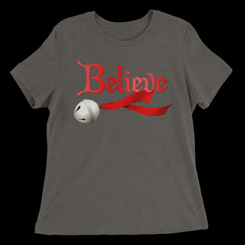 Believe Jingle Bell Women's Relaxed Tee - Black Heather
