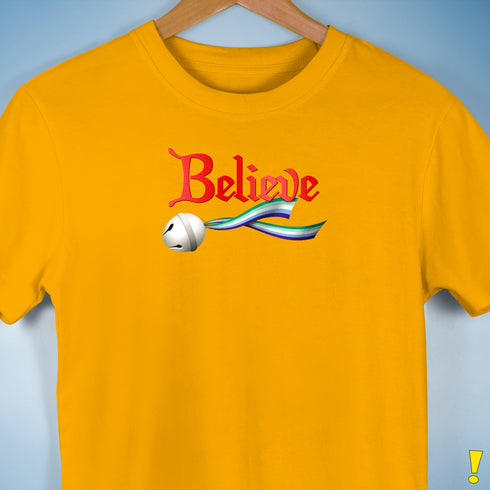 Believe Gay Male Pride Flag Jingle Bell Premium Unisex T-Shirt - Gold