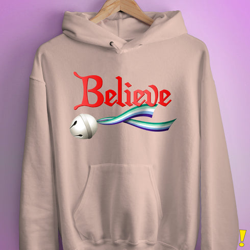 Believe Gay Male Pride Flag Jingle Bell Hoodie - Light Pink