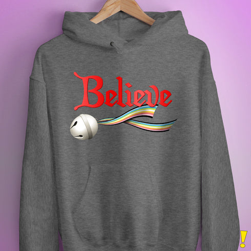 Believe Queer Pride Flag Jingle Bell Hoodie - Grey Heather