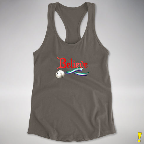 Believe Gay Male Pride Flag Jingle Bell Racerback Tank - Dark Grey