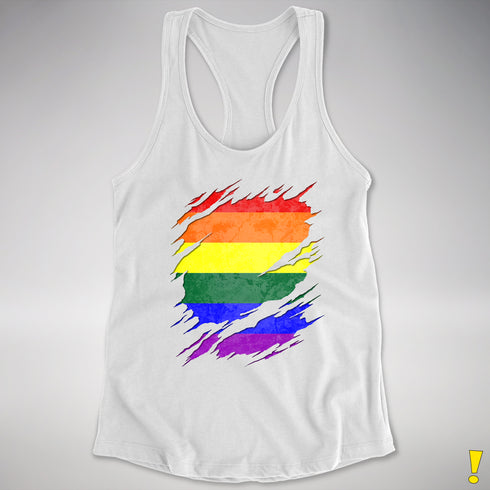 LGBTQ Pride Flag Ripped Reveal Racerback Tank - White