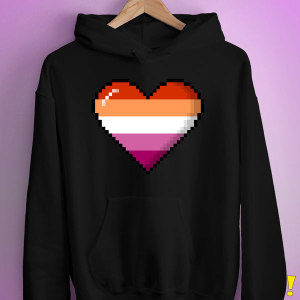 Lesbian Pride 8-Bit Pixel Heart Hoodie - Black