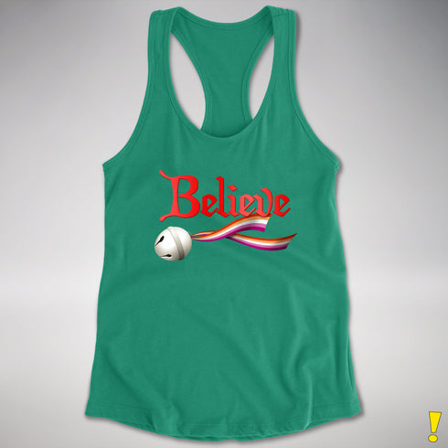 Believe Lesbian Pride Jingle Bell Racerback Tank - Kelly Green
