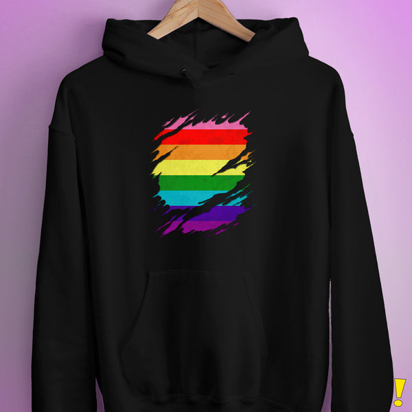 Original Gilbert Baker LGBTQ Gay Pride Flag Ripped Reveal Hoodie - Black