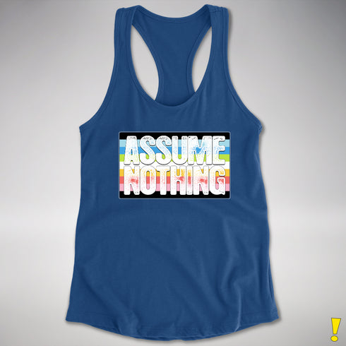 Assume Nothing Queer Pride Flag Racerback Tank - Royal