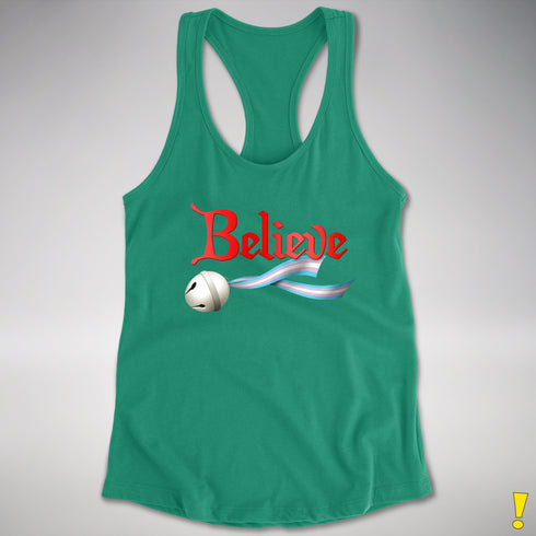 Believe Transgender Pride Jingle Bell Racerback Tank - Kelly Green