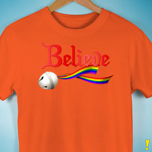 Believe LGBTQ Rainbow Pride Jingle Bell Premium Unisex T-Shirt - Orange