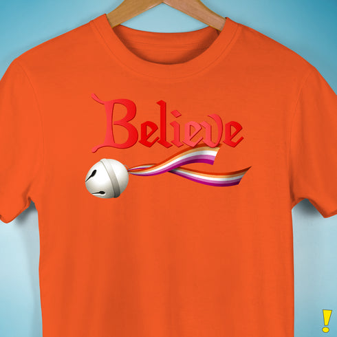 Believe Lesbian Pride Jingle Bell Premium Unisex T-Shirt - Orange