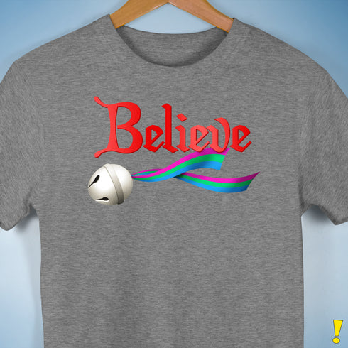 Believe Polysexual Pride Jingle Bell Premium Unisex T-Shirt - Grey Heather