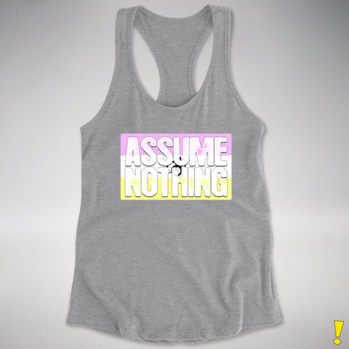 Assume Nothing Twink Pride Flag Racerback Tank - Heather Grey