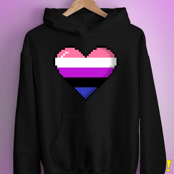 Genderfluid Pride 8-Bit Pixel Heart Hoodie - Black