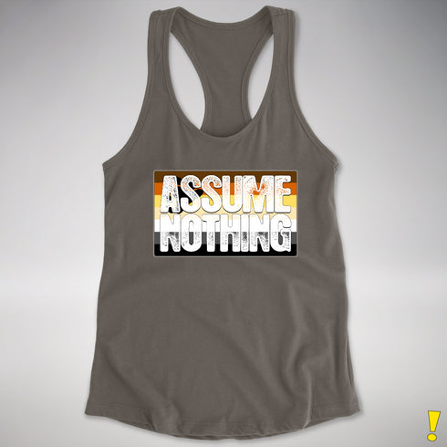 Assume Nothing Bear Pride Flag Racerback Tank - Dark Grey