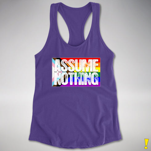 Assume Nothing LGBTQ Progress Pride Flag Racerback Tank - Purple