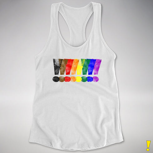 Distressed Philly LGBTQ Pride Whee! Exclamation Points Racerback Tank - White