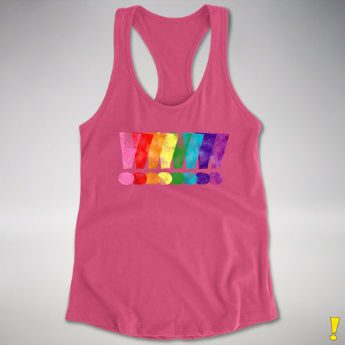 Distressed Gilbert Baker LGBTQ Pride Exclamation Points Racerback Tank - Hot Pink
