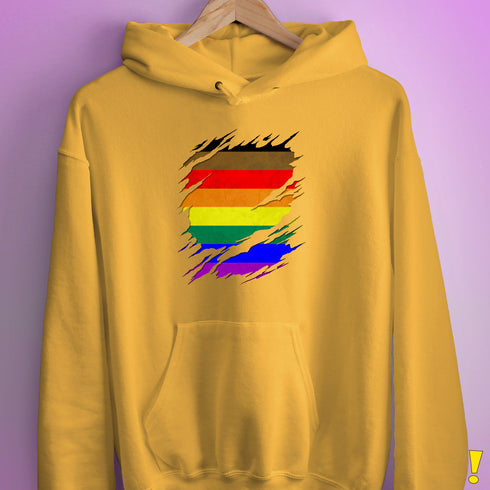 Philly LGBTQ Gay Pride Flag Ripped Reveal Hoodie - Mustard