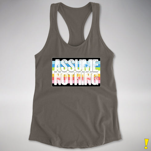 Assume Nothing Queer Pride Flag Racerback Tank - Dark Grey