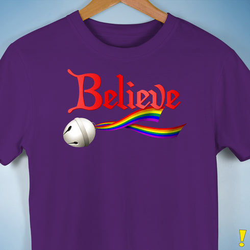 Believe LGBTQ Rainbow Pride Jingle Bell Premium Unisex T-Shirt - Purple