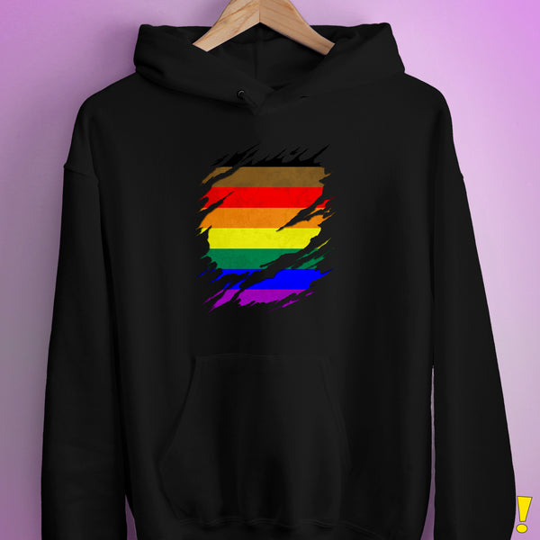 Philly LGBTQ Gay Pride Flag Ripped Reveal Hoodie - Black