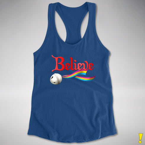 Believe Pansexual Pride Jingle Bell Racerback Tank - Royal