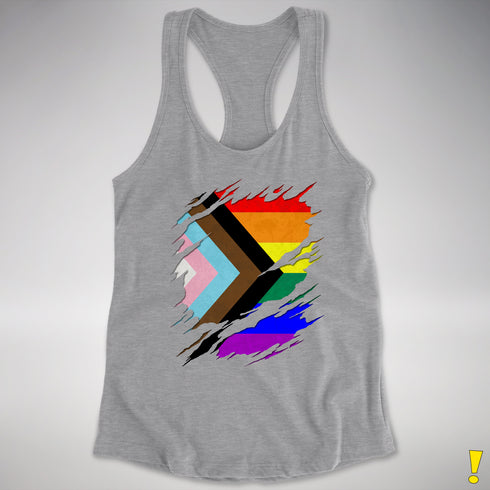 LGBTQ Progress Pride Flag Ripped Reveal Racerback Tank - Heather Grey
