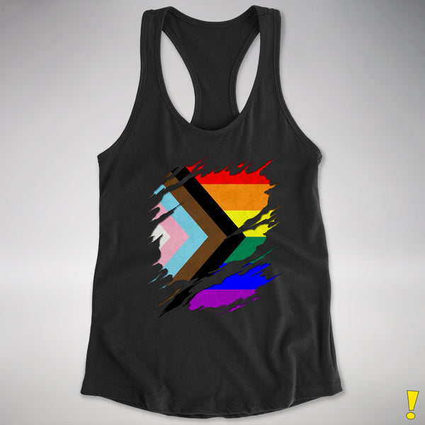 LGBTQ Progress Pride Flag Ripped Reveal Racerback Tank - Black