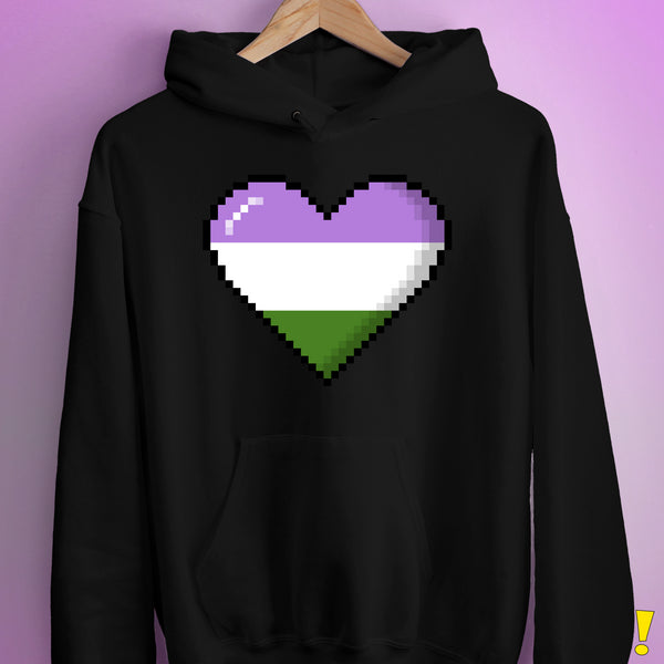 Genderqueer Pride 8-Bit Pixel Heart Hoodie - Black
