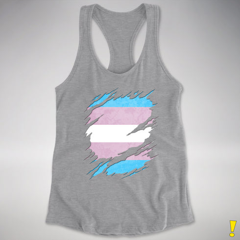 Transgender Pride Flag Ripped Reveal Racerback Tank - Heather Grey