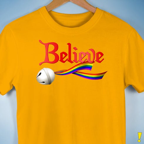 Believe LGBTQ Rainbow Pride Jingle Bell Premium Unisex T-Shirt - Gold
