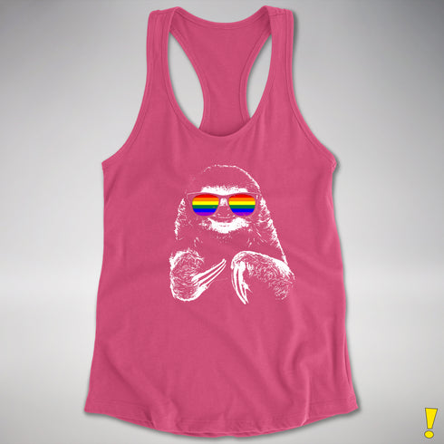 Pride Sloth LGBTQ Flag Sunglasses Women's Racerback Tank - Hot Pink