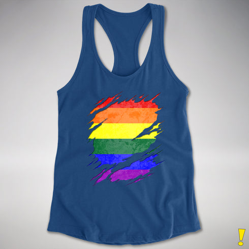 LGBTQ Pride Flag Ripped Reveal Racerback Tank - Royal