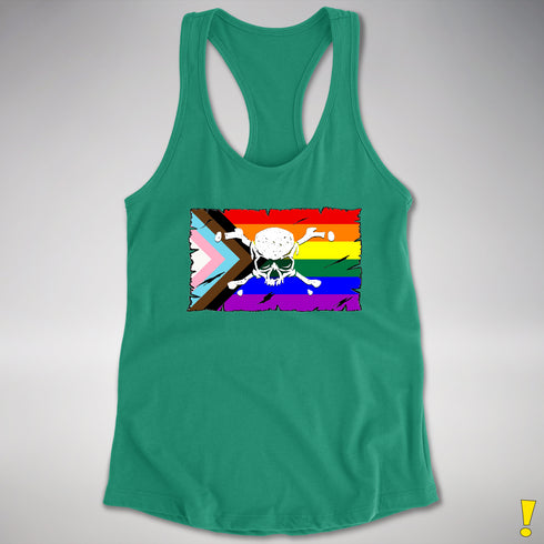 LGBTQ Progress Pride Pirate Flag Racerback Tank - Kelly Green