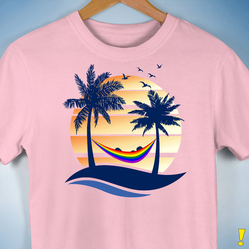LGBTQ Pride Hammock Summer Beach Sunset Premium Unisex T-Shirt - Pink